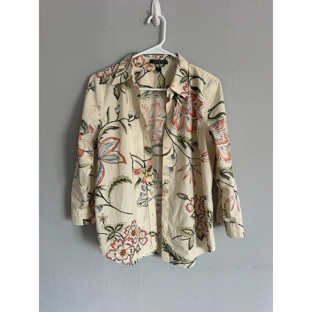 Lauren Ralph Lauren Floral Cotton Shirt Women’s Size M Cream Long Sleeve - Picture 2 of 5